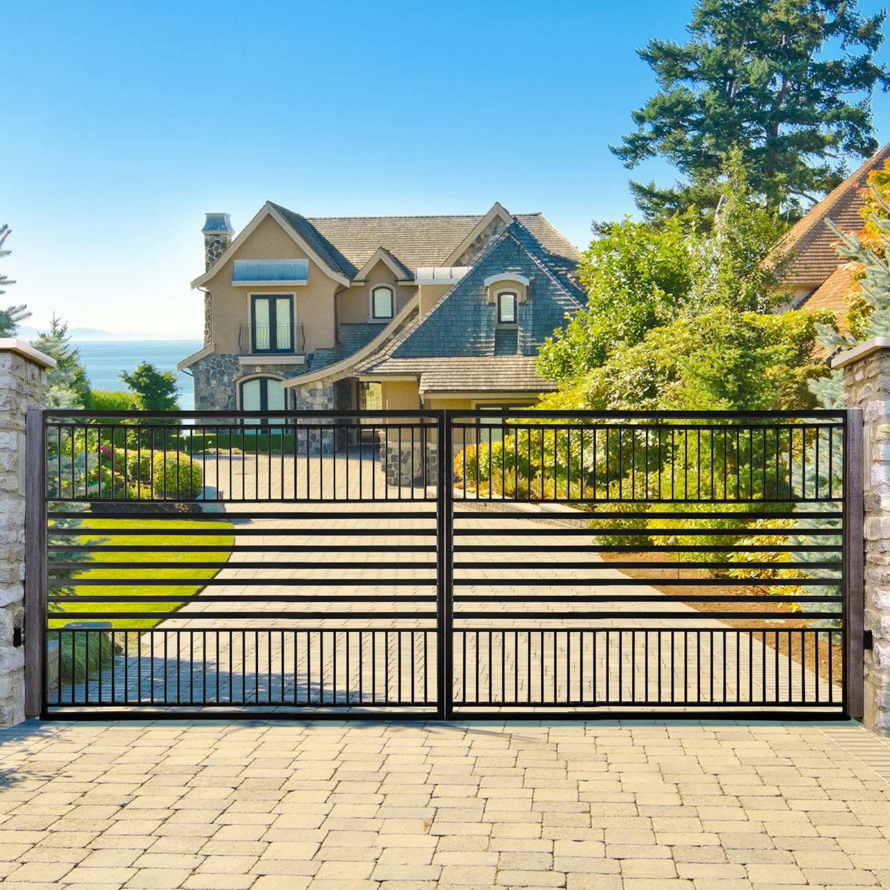 Aleko Steel Dual Swing Driveway Gate - Barcelona Style - 14 x 6 Feet