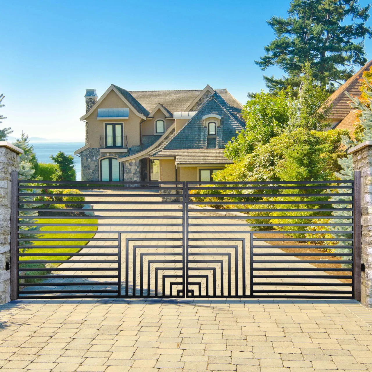 Aleko Steel Dual Swing Driveway Gate - Florence Style - 14 x 6 Feet