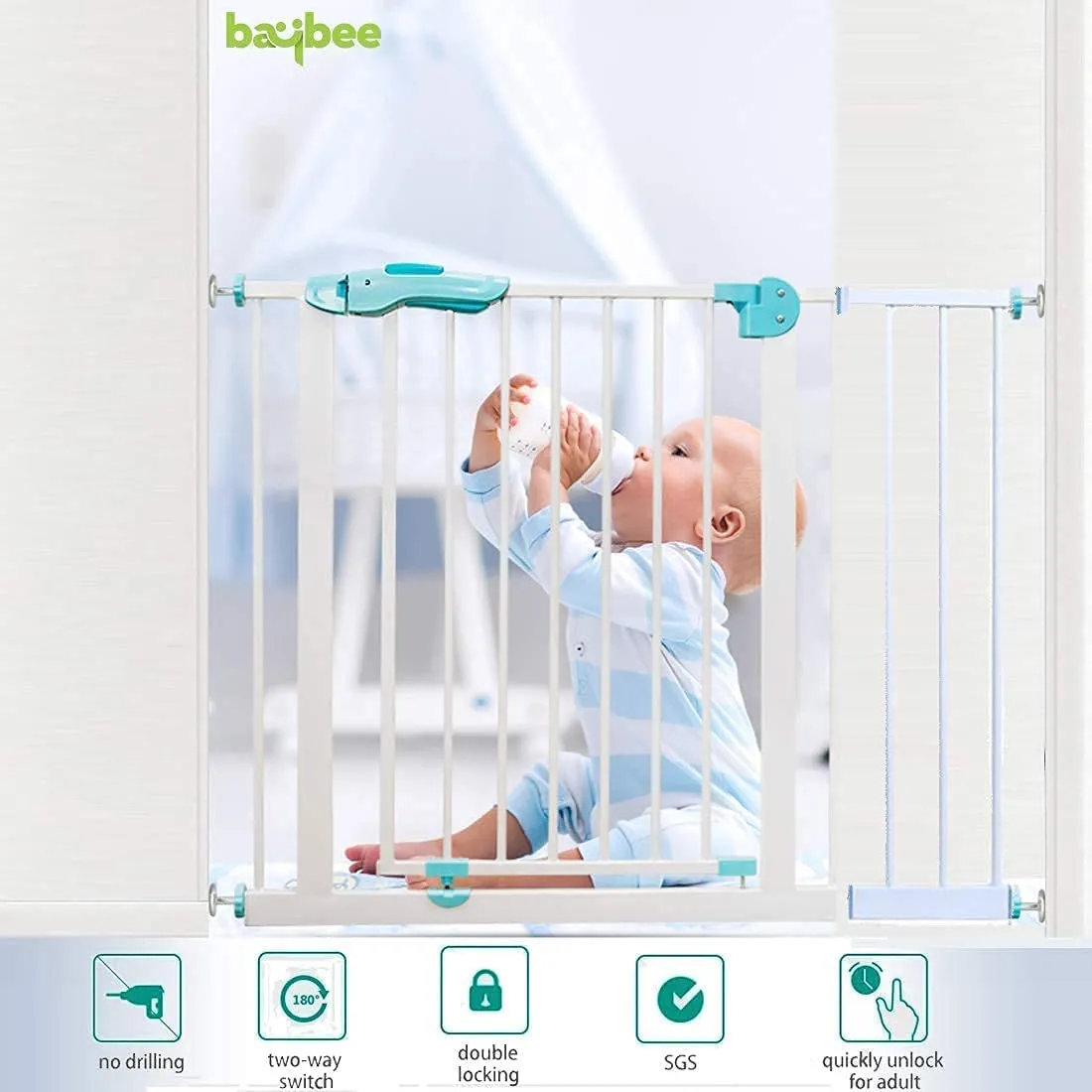 Baybee Auto Close Baby Safety Gate with Easy Walk-Thru Child Gate for House, Stairs, Doorways (Green 75-85Cm)