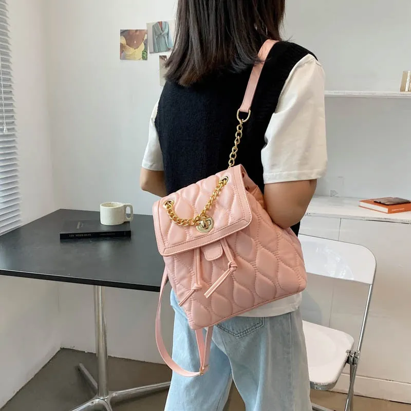 Christmas Gift Simple Solid Color PU Leather Backpacks For Women 2021 Fashion Female Small Chain School Teenagers Girls Backpack