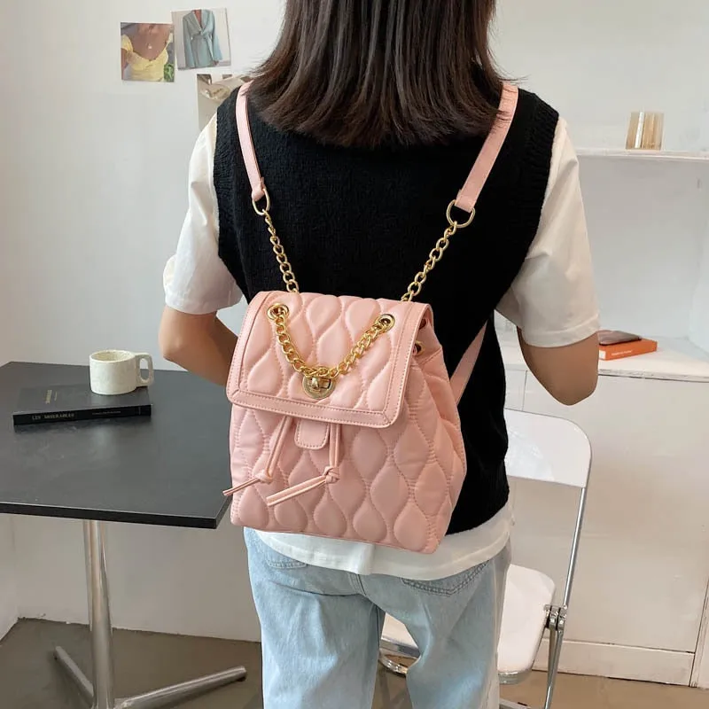 Christmas Gift Simple Solid Color PU Leather Backpacks For Women 2021 Fashion Female Small Chain School Teenagers Girls Backpack