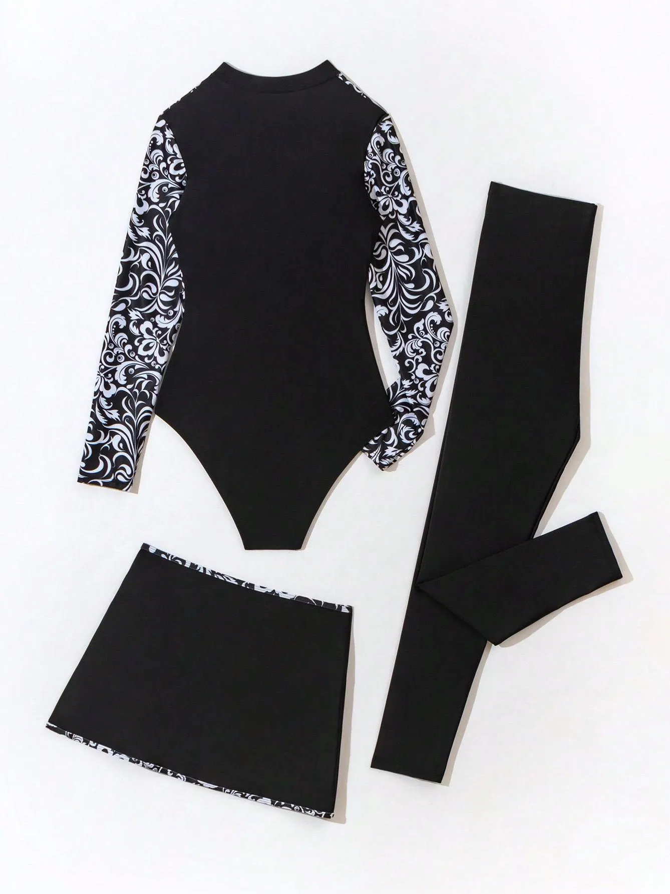 Long-sleeve zippered three-piece printed swimsuit UPF50  Rash Guard