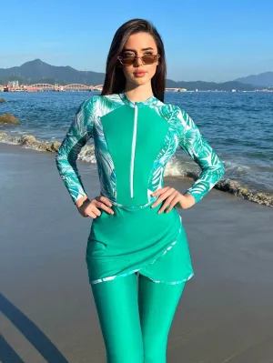 Long-sleeve zippered three-piece printed swimsuit UPF50  Rash Guard