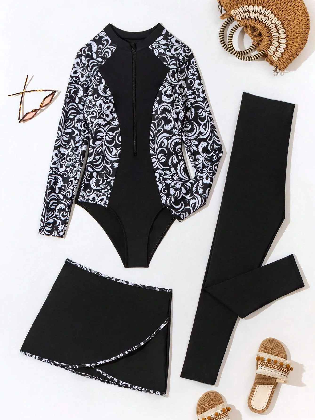 Long-sleeve zippered three-piece printed swimsuit UPF50  Rash Guard