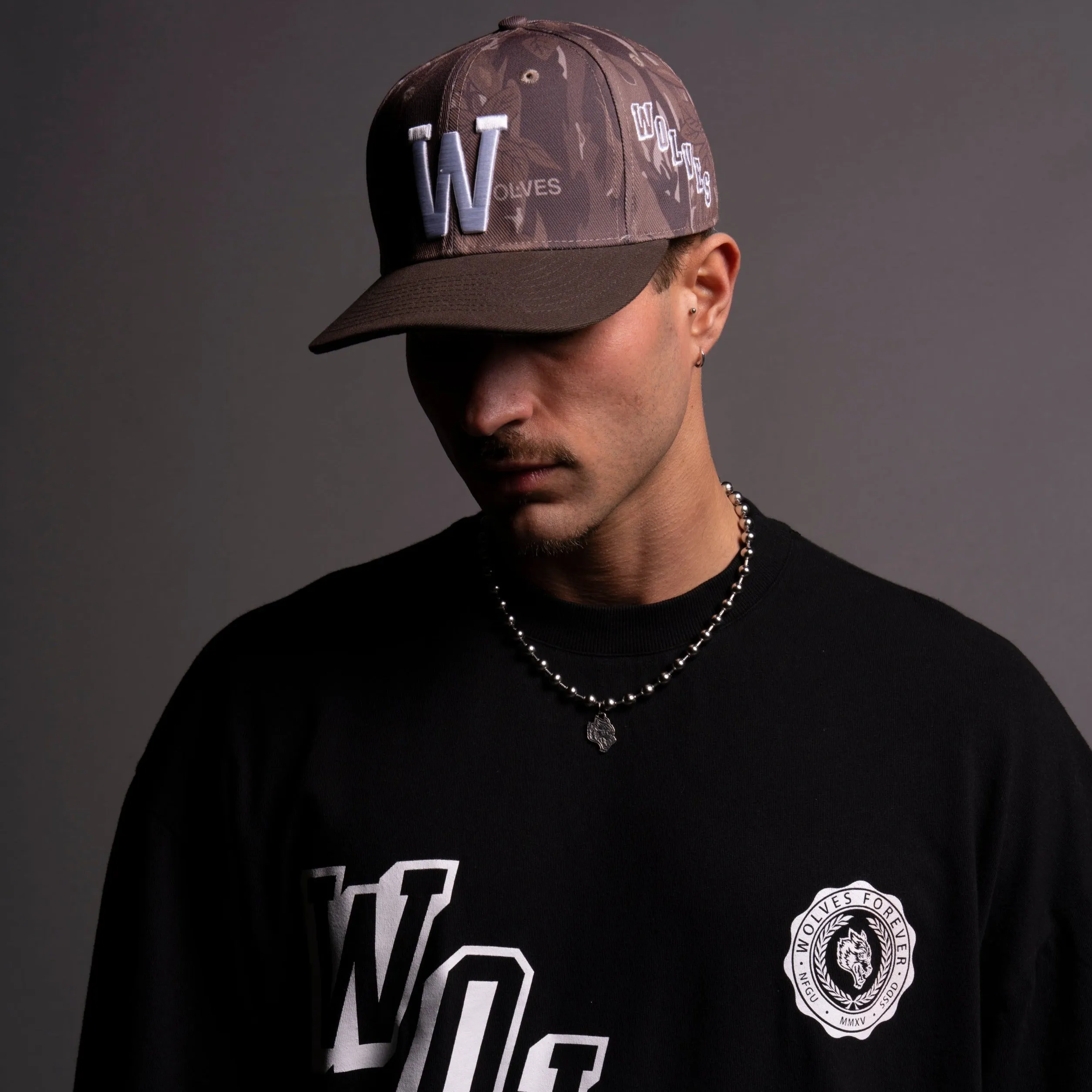 "W" Stairs Fitted Hat in Oak Norse Camo