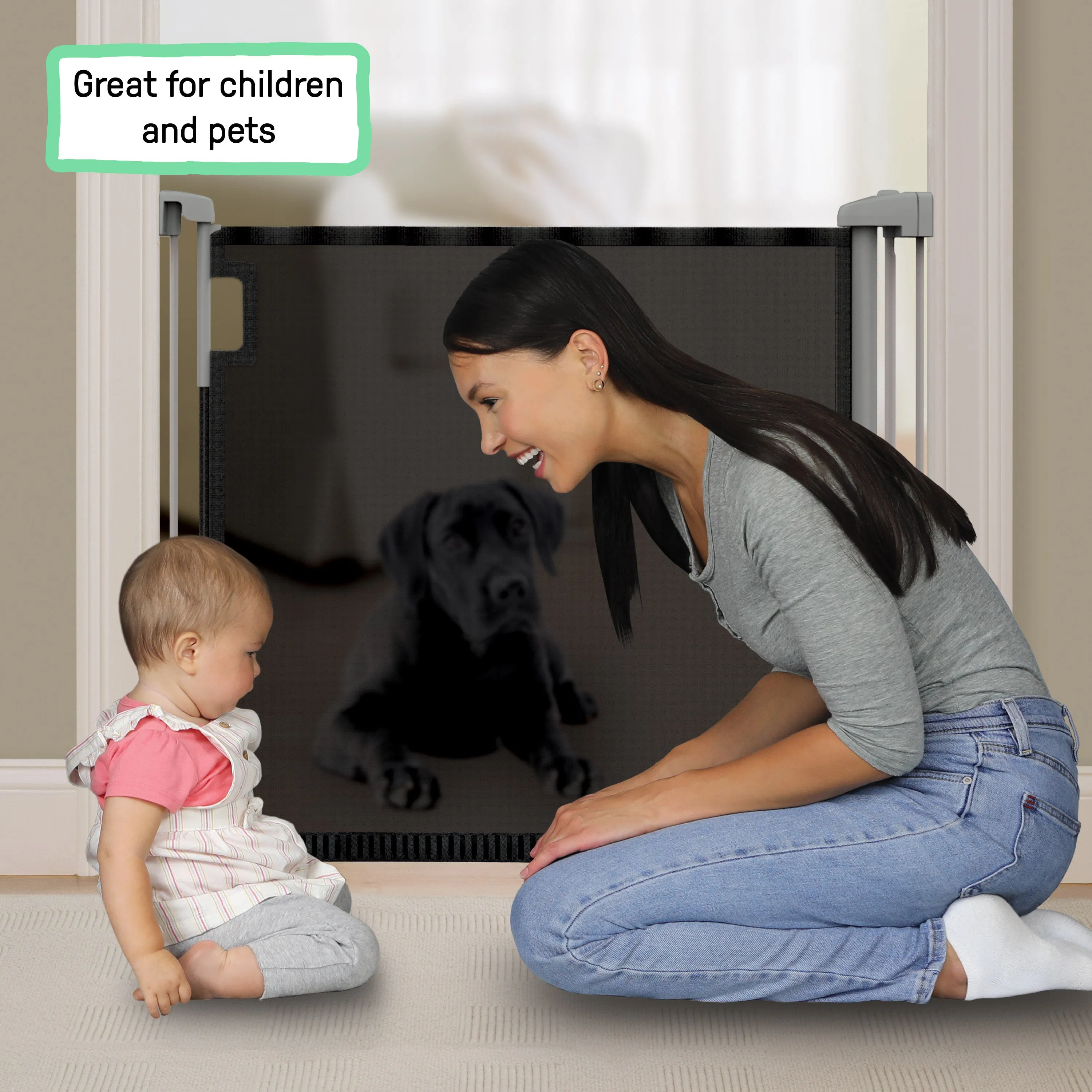 The Thruway 52W Series Pet and Baby Retractable Gate with Tuck Away Mesh, Openings up to 52" Wide - Black